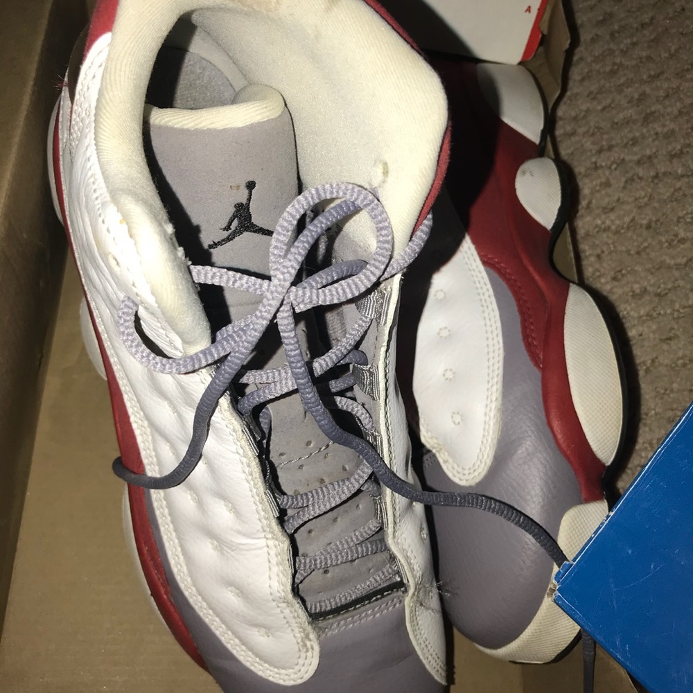 Gray, red, and white retro 13s